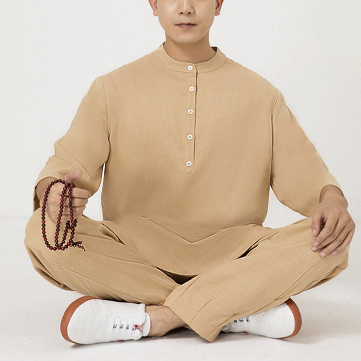 Buddha Stones 2Pcs Buttons Men's Three Quarter Sleeve Shirt Top Pants Meditation Zen Tai Chi Cotton Linen Clothing Set - Brown(Top&Pants) - US/UK/AU40,EU50 (2XL) - image 13