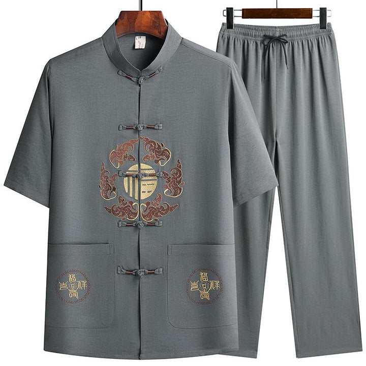 Buddha Stones Fu Character Tang Suit Hanfu Traditional Uniform Short Sleeve Top Pants Clothing Men's Set - Gray(Top&Pants) - US/UK/AU42,EU52 (3XL)  - image 0