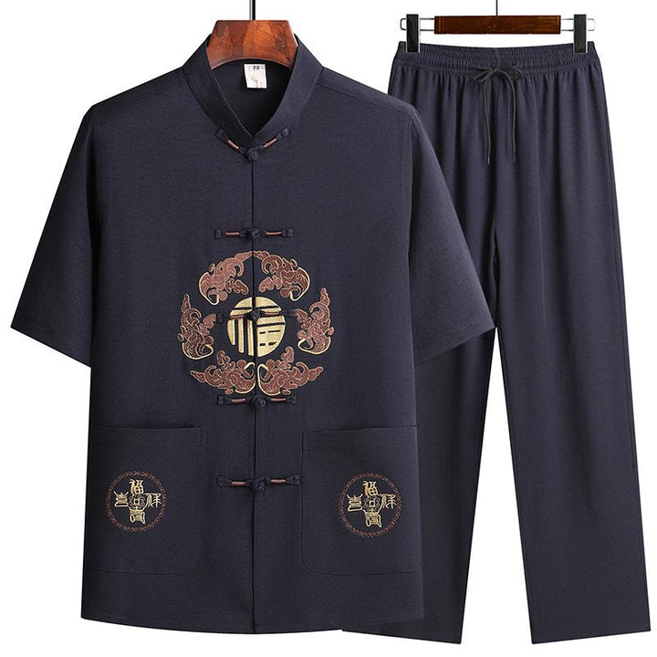 Buddha Stones Fu Character Tang Suit Hanfu Traditional Uniform Short Sleeve Top Pants Clothing Men's Set - Navy Blue(Top&Pants) - US/UK/AU42,EU52 (3XL)  - image 18