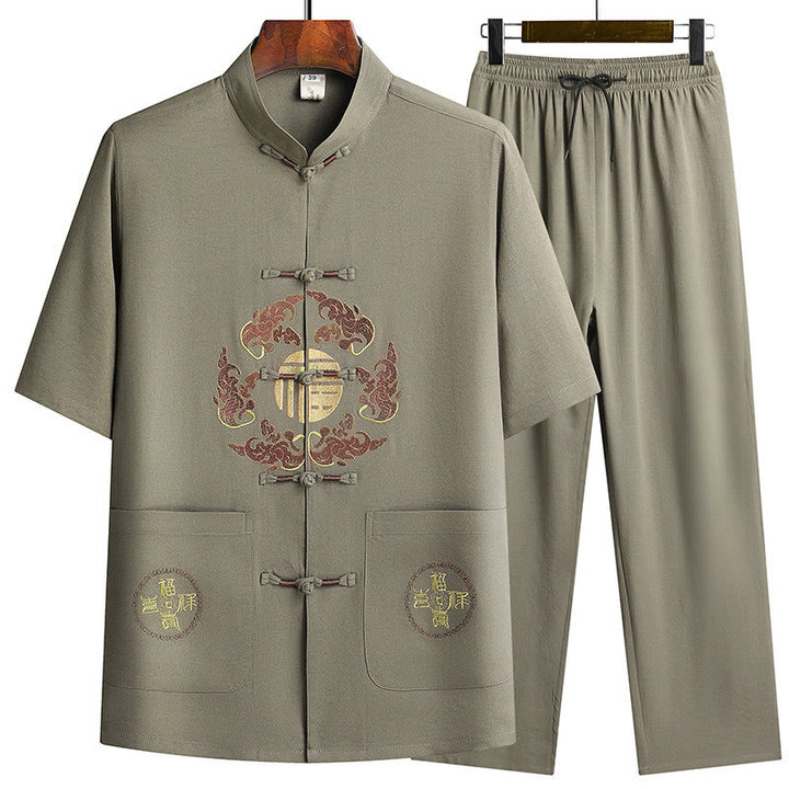 Buddha Stones Fu Character Tang Suit Hanfu Traditional Uniform Short Sleeve Top Pants Clothing Men's Set - Army Green(Top&Pants) - US/UK/AU42,EU52 (3XL)  - image 24