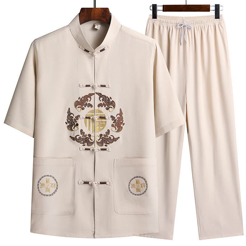 Buddha Stones Fu Character Tang Suit Hanfu Traditional Uniform Short Sleeve Top Pants Clothing Men's Set - White(Top&Pants) - US/UK/AU42,EU52 (3XL)  - image 27