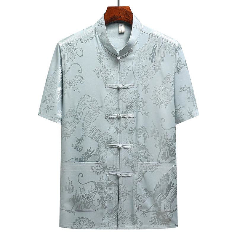 Buddha Stones Dragon Pattern Tang Suit Hanfu Traditional Uniform Short Sleeve Top Pants Clothing Men's Set - image 2