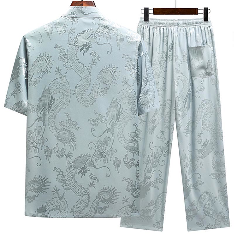 Buddha Stones Dragon Pattern Tang Suit Hanfu Traditional Uniform Short Sleeve Top Pants Clothing Men's Set - image 1