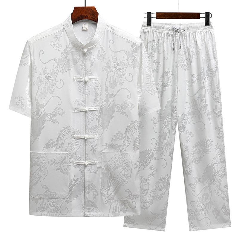 Buddha Stones Dragon Pattern Tang Suit Hanfu Traditional Uniform Short Sleeve Top Pants Clothing Men's Set - White(Top&Pants) - US/UK/AU44,EU54 (4XL) - image 16