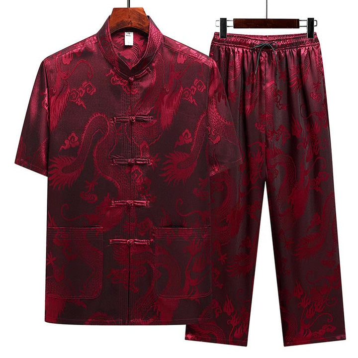 Buddha Stones Dragon Pattern Tang Suit Hanfu Traditional Uniform Short Sleeve Top Pants Clothing Men's Set - Red(Top&Pants) - US/UK/AU44,EU54 (4XL) - image 19