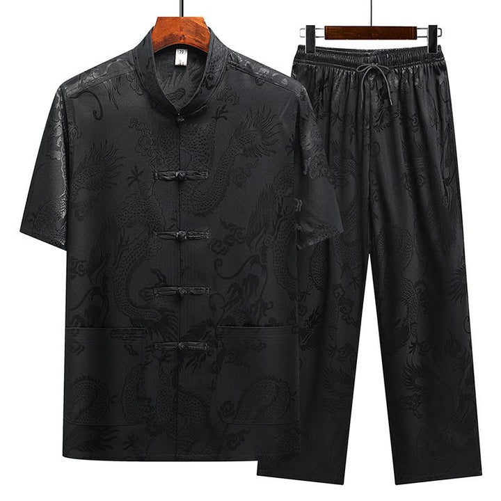 Buddha Stones Dragon Pattern Tang Suit Hanfu Traditional Uniform Short Sleeve Top Pants Clothing Men's Set - Black(Top&Pants) - US/UK/AU44,EU54 (4XL) - image 25