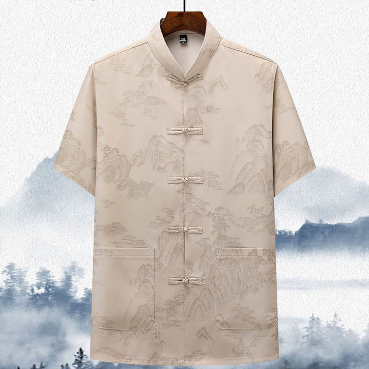 Buddha Stones Mountains Trees Tang Suit Hanfu Traditional Uniform Short Sleeve Top Pants Clothing Men's Set - Beige - Top - US/UK/AU42,EU52 (3XL)  - image 3