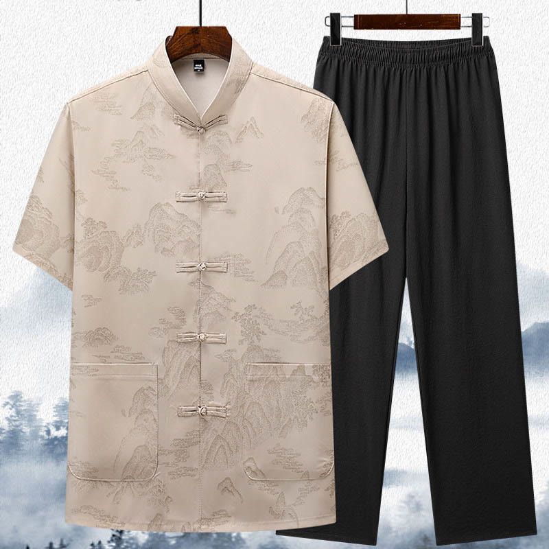 Buddha Stones Mountains Trees Tang Suit Hanfu Traditional Uniform Short Sleeve Top Pants Clothing Men's Set - Beige - Top&Pants - US/UK/AU42,EU52 (3XL)  - image 1
