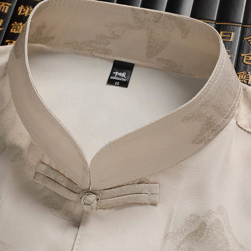 Buddha Stones Mountains Trees Tang Suit Hanfu Traditional Uniform Short Sleeve Top Pants Clothing Men's Set - image 4