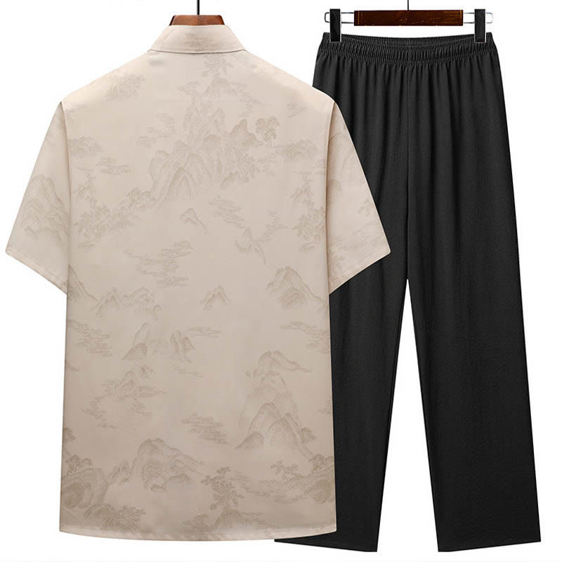 Buddha Stones Mountains Trees Tang Suit Hanfu Traditional Uniform Short Sleeve Top Pants Clothing Men's Set - image 2