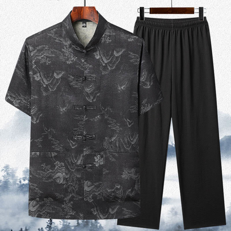 Buddha Stones Mountains Trees Tang Suit Hanfu Traditional Uniform Short Sleeve Top Pants Clothing Men's Set - Black - Top&Pants - US/UK/AU42,EU52 (3XL)  - image 11
