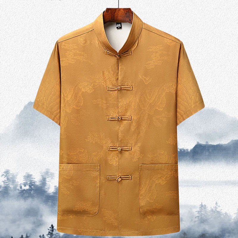 Buddha Stones Mountains Trees Tang Suit Hanfu Traditional Uniform Short Sleeve Top Pants Clothing Men's Set - Yellow - Top - US/UK/AU42,EU52 (3XL)  - image 14