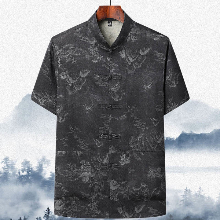 Buddha Stones Mountains Trees Tang Suit Hanfu Traditional Uniform Short Sleeve Top Pants Clothing Men's Set - Black - Top - US/UK/AU42,EU52 (3XL)  - image 12