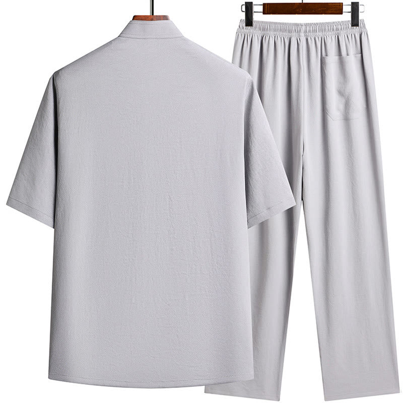 Buddha Stones Fu Character Tang Suit Hanfu Traditional Uniform Short Sleeve Top Pants Clothing Men's Set - image 5