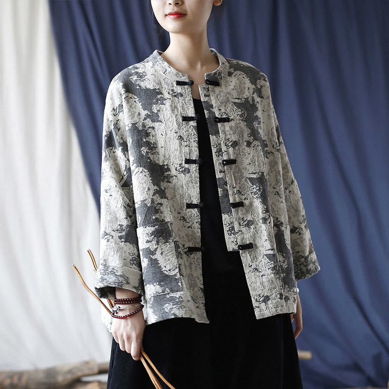 Buddha Stones Black Gray Print Frog-button Design Long Sleeve Cotton Linen Jacket Shirt With Pockets - image 1