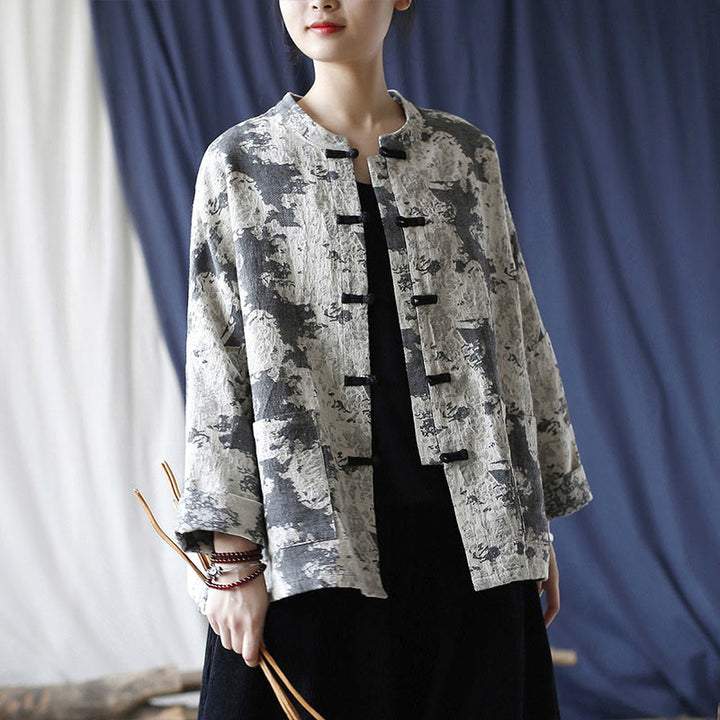 Buddha Stones Black Gray Print Frog-button Design Long Sleeve Cotton Linen Jacket Shirt With Pockets - image 1