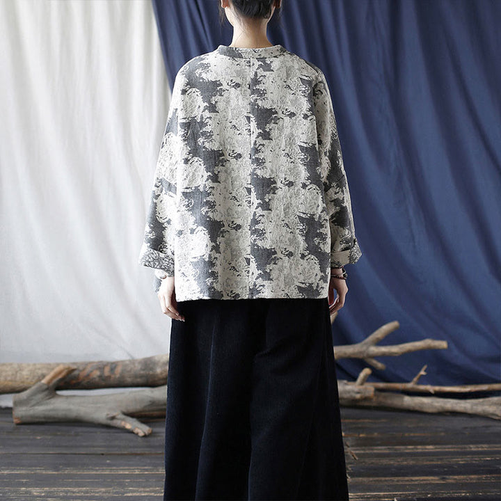 Buddha Stones Black Gray Print Frog-button Design Long Sleeve Cotton Linen Jacket Shirt With Pockets - image 31