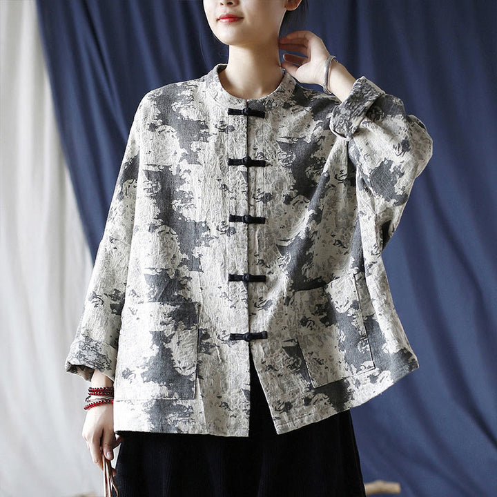 Buddha Stones Black Gray Print Frog-button Design Long Sleeve Cotton Linen Jacket Shirt With Pockets - image 23