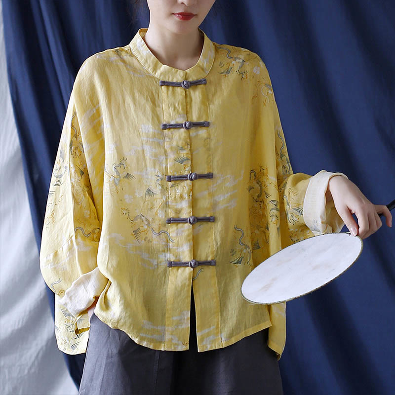 Buddha Stones Yellow Phoenix Print Frog-button Design Long Sleeve Ramie Linen Jacket Shirt - image 1