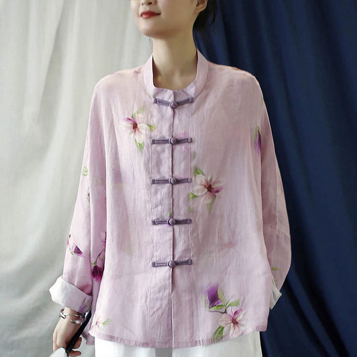 Buddha Stones Pink Flower Print Frog-button Design Batwing Long Sleeve Ramie Linen Jacket Shirt - image 7