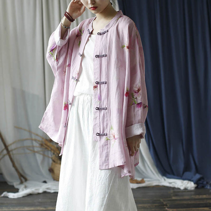 Buddha Stones Pink Flower Print Frog-button Design Batwing Long Sleeve Ramie Linen Jacket Shirt - image 23