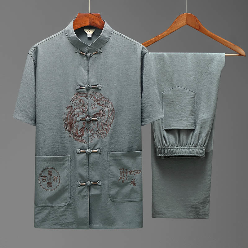Buddha Stones Dragon Fu Character Tang Suit Traditional Short Sleeve Shirt Wide Leg Pants Clothing Men's Set - Gray(Top&Pants) - US/UK/AU44,EU54 (4XL) - image 2