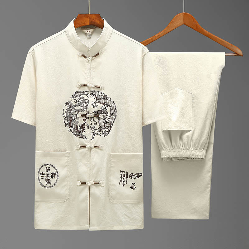 Buddha Stones Dragon Fu Character Tang Suit Traditional Short Sleeve Shirt Wide Leg Pants Clothing Men's Set - Beige(Top&Pants) - US/UK/AU44,EU54 (4XL) - image 1