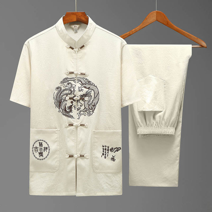 Buddha Stones Dragon Fu Character Tang Suit Traditional Short Sleeve Shirt Wide Leg Pants Clothing Men's Set - Beige(Top&Pants) - US/UK/AU44,EU54 (4XL) - image 1