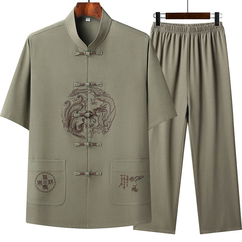 Buddha Stones Dragon Fu Character Tang Suit Traditional Short Sleeve Shirt Wide Leg Pants Clothing Men's Set - Green(Top&Pants) - US/UK/AU44,EU54 (4XL) - image 17