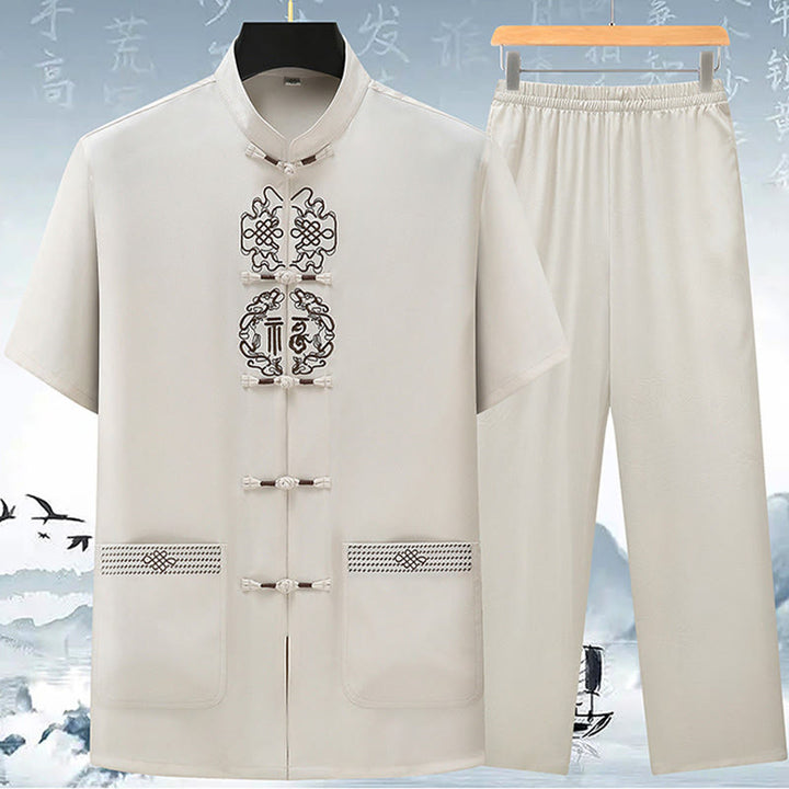 Buddha Stones Fu Character Chinese Knotting Embroidery Tang Suit Traditional Short Sleeve Top Pants Clothing Men's Set - Beige(Top&Pants) - US/UK/AU42,EU52 (3XL) - image 0