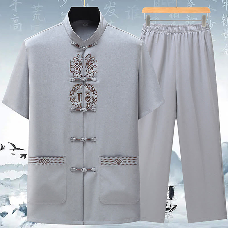 Buddha Stones Fu Character Chinese Knotting Embroidery Tang Suit Traditional Short Sleeve Top Pants Clothing Men's Set - Light Gray(Top&Pants) - US/UK/AU42,EU52 (3XL) - image 3