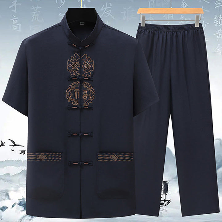 Buddha Stones Fu Character Chinese Knotting Embroidery Tang Suit Traditional Short Sleeve Top Pants Clothing Men's Set - Dark Blue(Top&Pants) - US/UK/AU42,EU52 (3XL) - image 6