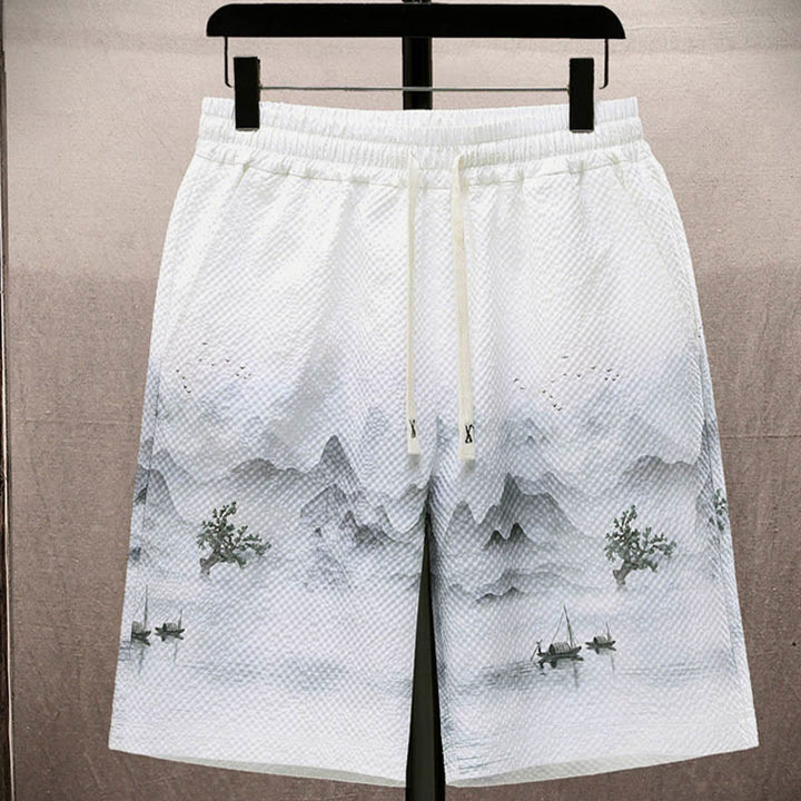 Buddha Stones Landscape Coconut Trees Magpie Pattern Short Sleeve Shorts Men's Set - image 3
