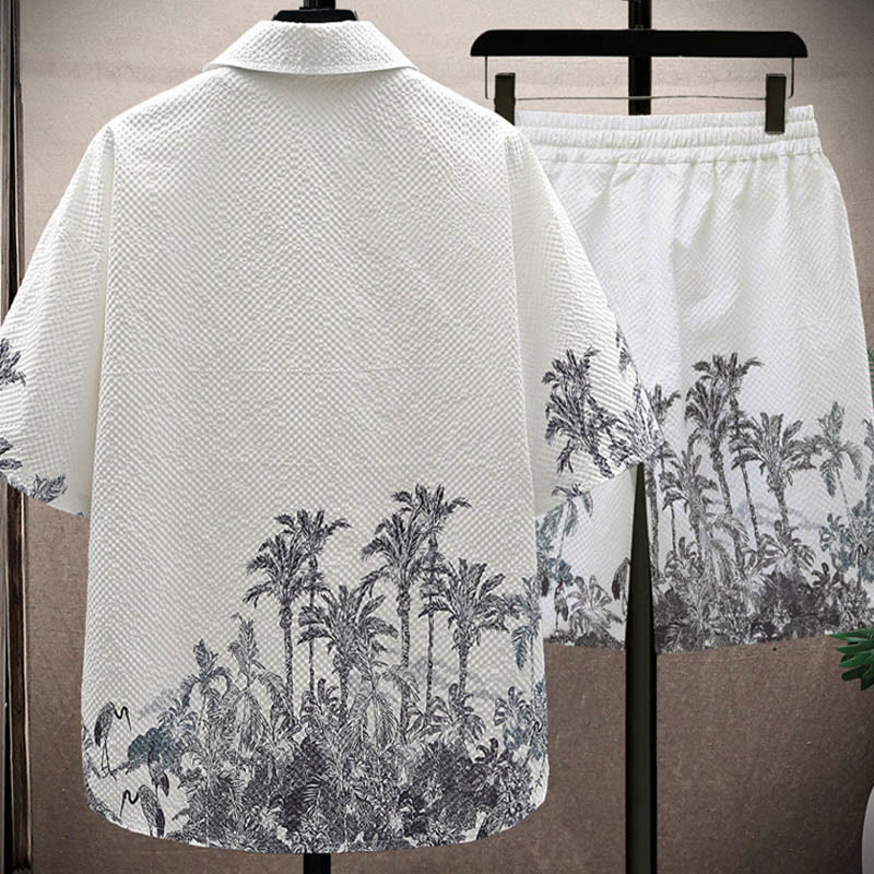 Buddha Stones Landscape Coconut Trees Magpie Pattern Short Sleeve Shorts Men's Set - image 6