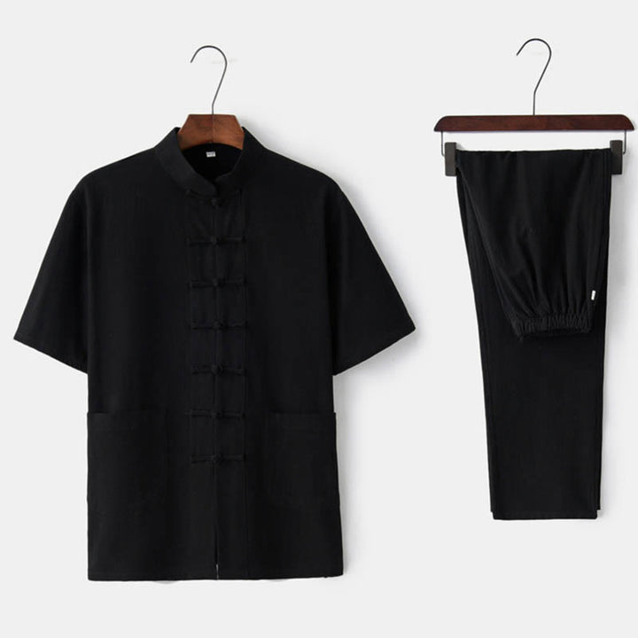 Buddha Stones Solid Color Frog-Button Tang Suit Traditional Cotton Linen Short Sleeve Top Pants Clothing Men's Set - Black(Top&Pants) - US/UK/AU44,EU54 (4XL)  - image 6