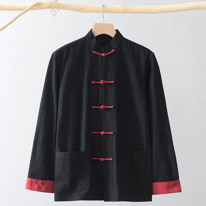 Buddha Stones Frog-Button Chinese Tang Suit Shirt Cotton Linen Men Jacket Clothing - Black Shirt&Red Frog Button - US/UK/AU44,EU54 (4XL) - image 0