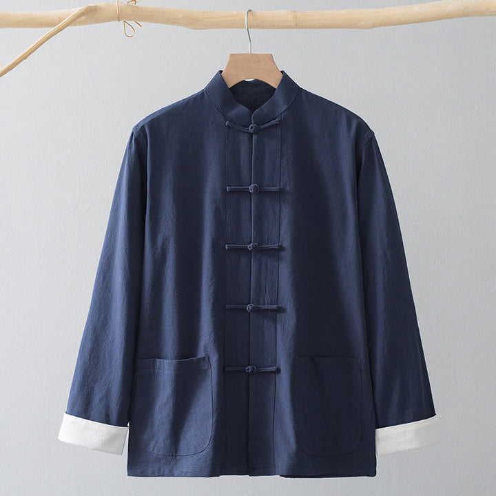 Buddha Stones Frog-Button Chinese Tang Suit Shirt Cotton Linen Men Jacket Clothing - Blue Shirt&White Frog Button - US/UK/AU44,EU54 (4XL) - image 5