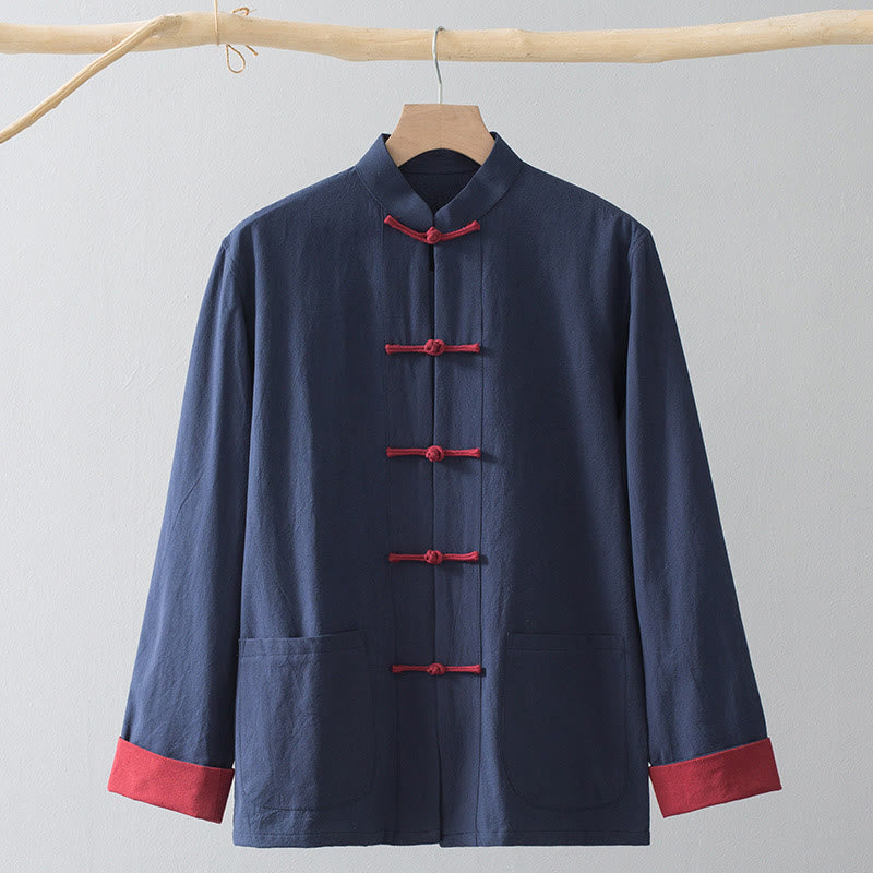 Buddha Stones Frog-Button Chinese Tang Suit Shirt Cotton Linen Men Jacket Clothing - Blue Shirt&Red Frog Button - US/UK/AU44,EU54 (4XL) - image 12