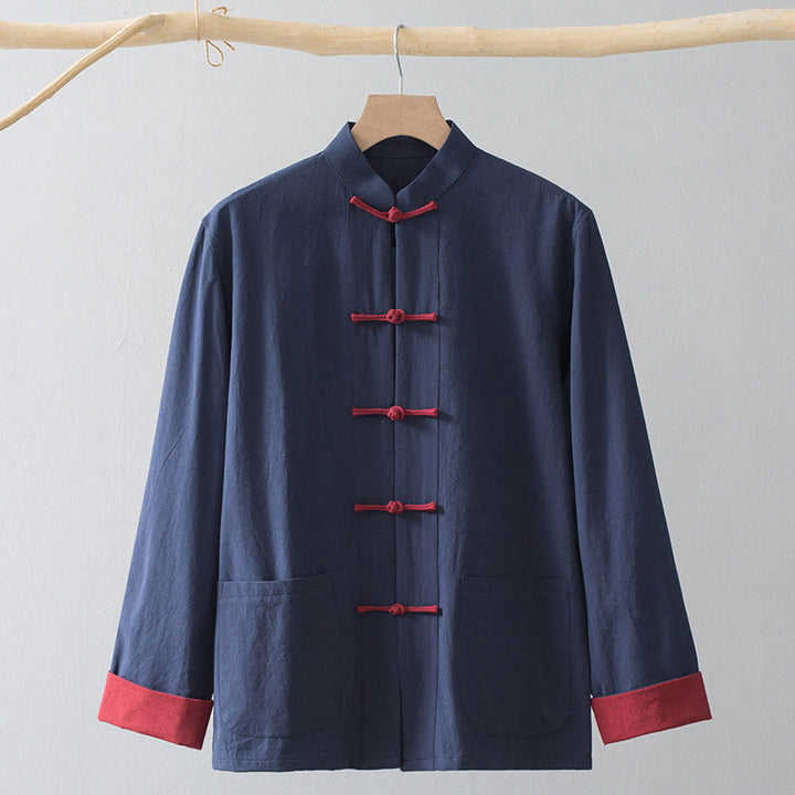 Buddha Stones Frog-Button Chinese Tang Suit Shirt Cotton Linen Men Jacket Clothing - Blue Shirt&Red Frog Button - US/UK/AU44,EU54 (4XL) - image 12