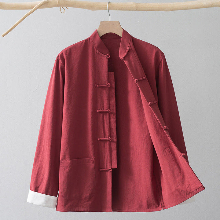 Buddha Stones Frog-Button Chinese Tang Suit Shirt Cotton Linen Men Jacket Clothing - Red Shirt&White Frog Button - US/UK/AU44,EU54 (4XL) - image 14