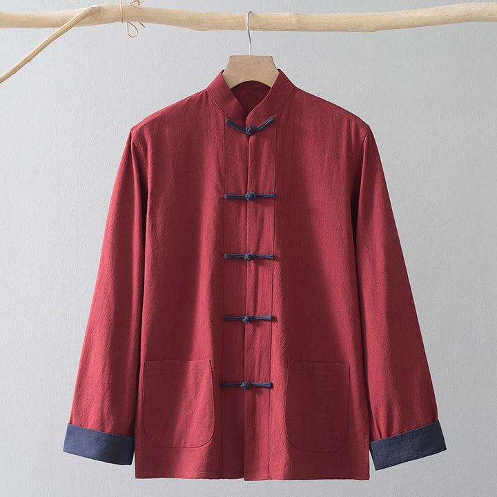 Buddha Stones Frog-Button Chinese Tang Suit Shirt Cotton Linen Men Jacket Clothing - Red Shirt&Blue Frog Button - US/UK/AU44,EU54 (4XL) - image 16