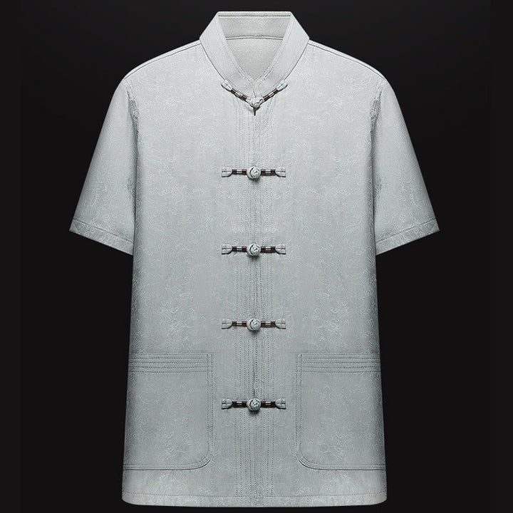 Buddha Stones Along the River During the Qingming Festival Pattern Traditional Tang Suit Short Sleeve Shirt Pants Clothing Men's Set