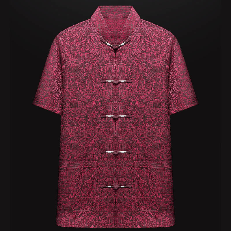 Buddha Stones Along the River During the Qingming Festival Pattern Traditional Tang Suit Short Sleeve Shirt Pants Clothing Men's Set