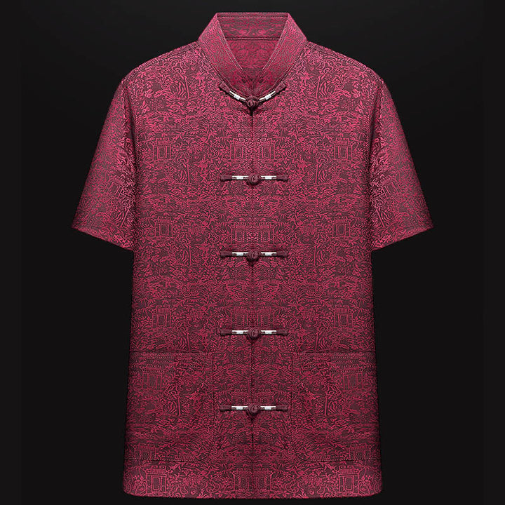 Buddha Stones Along the River During the Qingming Festival Pattern Traditional Tang Suit Short Sleeve Shirt Pants Clothing Men's Set