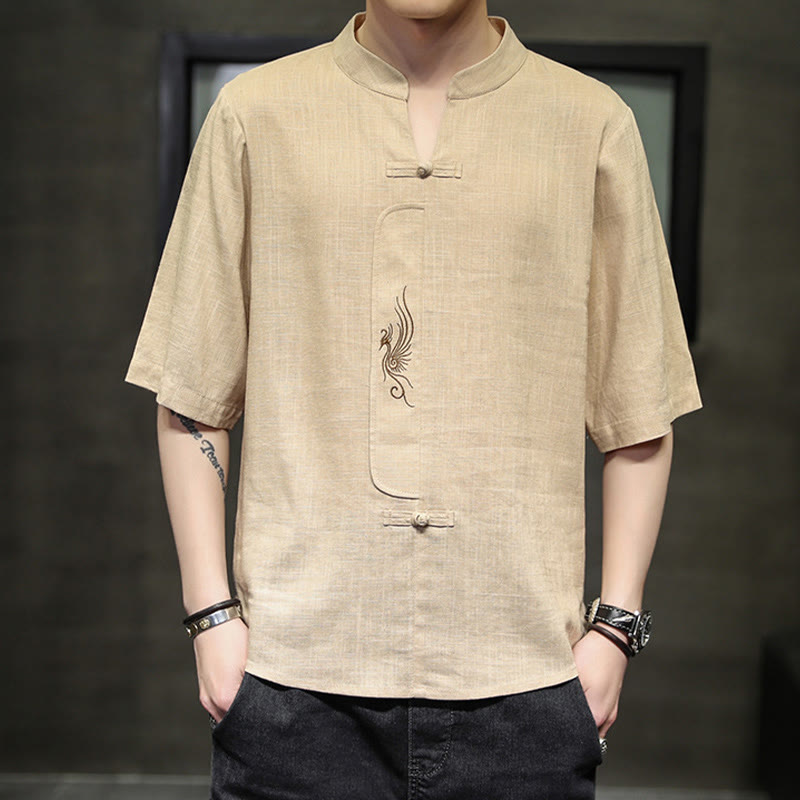 Buddha Stones Frog-Button Phoenix Embroidery Chinese Tang Suit Short Sleeve Shirt Cotton Linen Men Clothing - Bisque - US/UK/AU46,EU56 (5XL) - image 11
