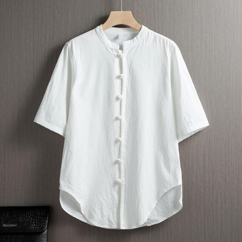 Buddha Stones Frog-Button Plain Chinese Tang Suit Short Sleeve Shirt Cotton Linen Men Clothing - White - US/UK/AU46,EU56 (5XL) - image 0