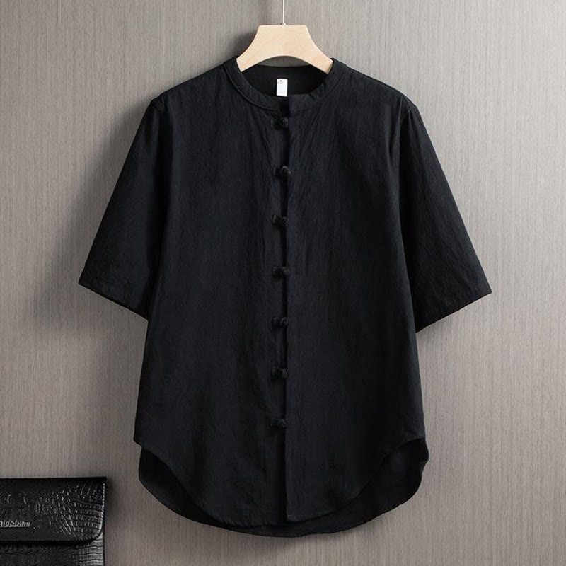 Buddha Stones Frog-Button Plain Chinese Tang Suit Short Sleeve Shirt Cotton Linen Men Clothing - Black - US/UK/AU46,EU56 (5XL) - image 5
