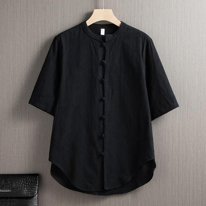 Buddha Stones Frog-Button Plain Chinese Tang Suit Short Sleeve Shirt Cotton Linen Men Clothing - Black - US/UK/AU46,EU56 (5XL) - image 5