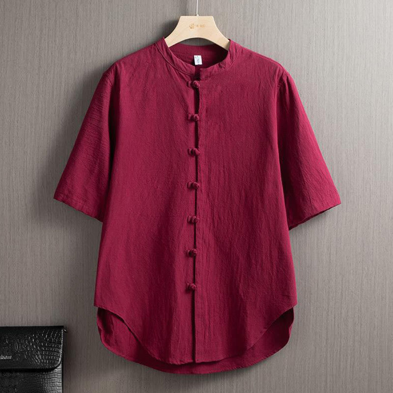 Buddha Stones Frog-Button Plain Chinese Tang Suit Short Sleeve Shirt Cotton Linen Men Clothing - IndianRed - US/UK/AU46,EU56 (5XL) - image 1