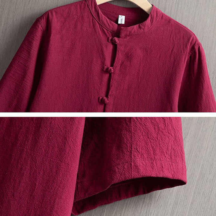 Buddha Stones Frog-Button Plain Chinese Tang Suit Short Sleeve Shirt Cotton Linen Men Clothing - image 3